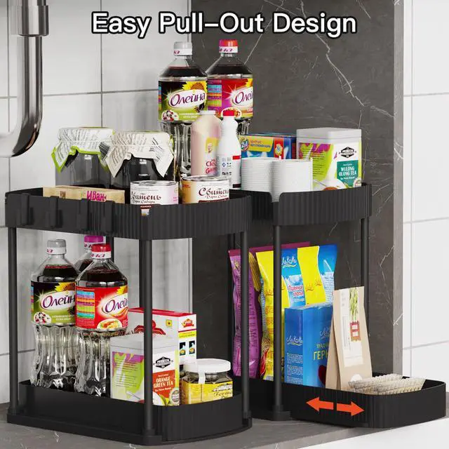 Alt view image 4 of 7 - Multi-Purpose Pull-Out Storage Organizers, Under Sink/Cabinet Organizers and Storage for Bathroom & Kitchen, Black, 12.8 Inches, 2 Packs