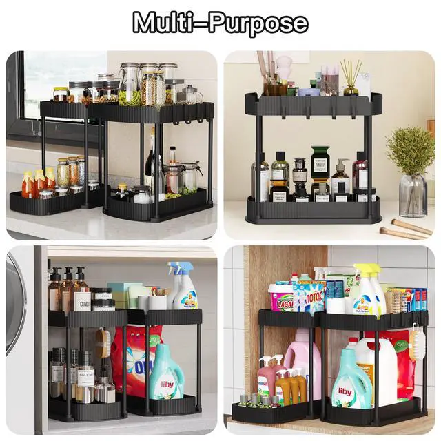 Alt view image 6 of 7 - Multi-Purpose Pull-Out Storage Organizers, Under Sink/Cabinet Organizers and Storage for Bathroom & Kitchen, Black, 12.8 Inches, 2 Packs