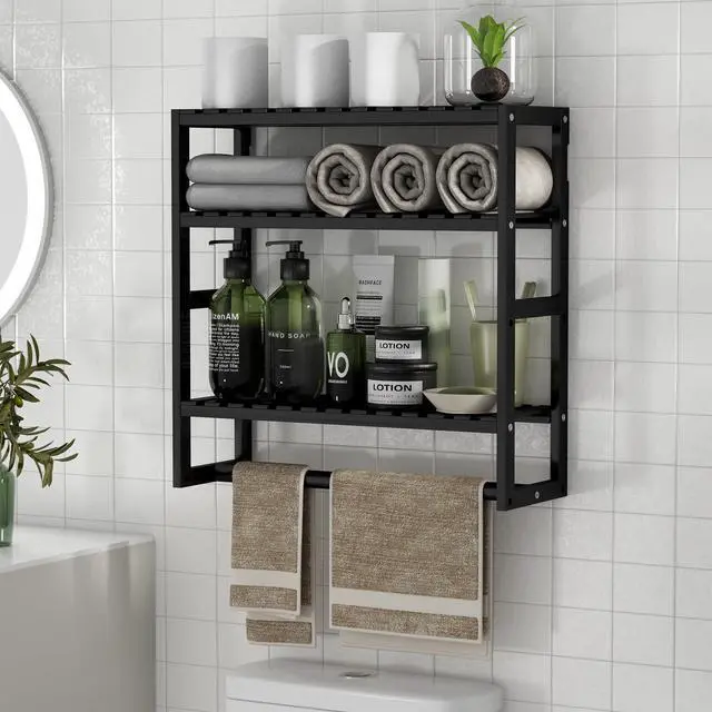 Main image of Towel Rack Bathroom Storage Shelves Over The Toilet with Towel Bar 100% Bamboo Adjustable Height Floating Shelf Wall Shower Shelf for Small Space Bathroom Kitchen Multi Usage (Black-1Pack)