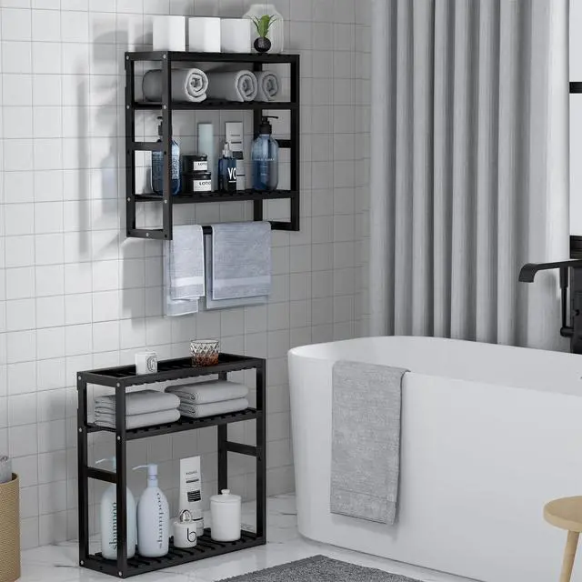 Alt view image 2 of 7 - Towel Rack Bathroom Storage Shelves Over The Toilet with Towel Bar 100% Bamboo Adjustable Height Floating Shelf Wall Shower Shelf for Small Space Bathroom Kitchen Multi Usage (Black-1Pack)
