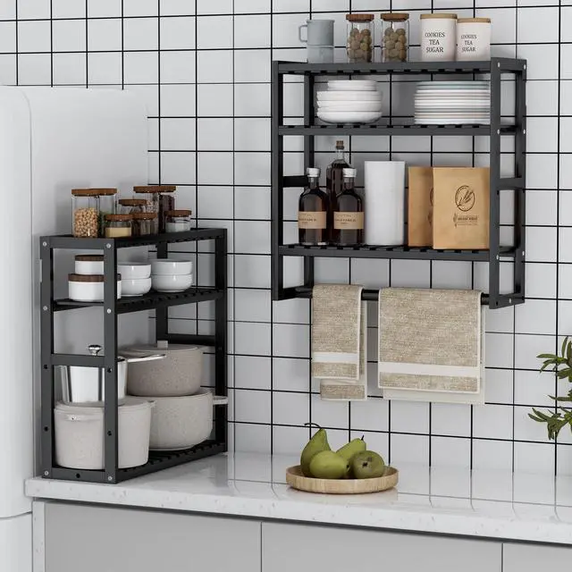 Alt view image 4 of 7 - Towel Rack Bathroom Storage Shelves Over The Toilet with Towel Bar 100% Bamboo Adjustable Height Floating Shelf Wall Shower Shelf for Small Space Bathroom Kitchen Multi Usage (Black-1Pack)