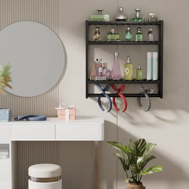 Alt view image 5 of 7 - Towel Rack Bathroom Storage Shelves Over The Toilet with Towel Bar 100% Bamboo Adjustable Height Floating Shelf Wall Shower Shelf for Small Space Bathroom Kitchen Multi Usage (Black-1Pack)