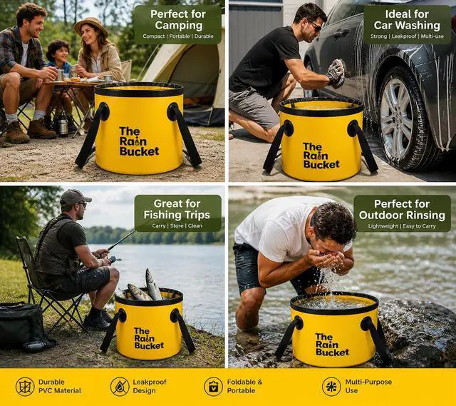 Alt view image 3 of 7 - 3-Piece Collapsible Bucket Set, 10L & 15L Waterproof PVC Buckets with 10L Water Bag & Faucet, Portable Leakproof Bucket for Camping, Fishing, Hiking, Car Wash & Gardening, Yellow