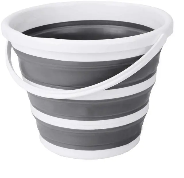 Main image of Indoor and Outdoor Collapsible Bucket with Handle, 10 Liters, 2.6 Gallons, Gray and White