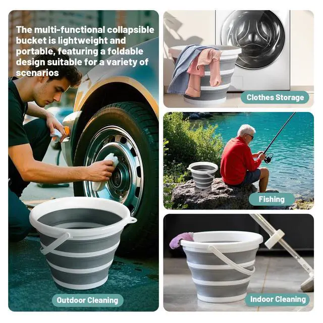 Alt view image 7 of 7 - Collapsible Water Bucket (10L / 2.6 Gal) Portable, Easy to Carry & Store, Ideal for Car Wash, Cleaning, Camping, Fishing and Outdoor Activities with Collapsible Handle Design
