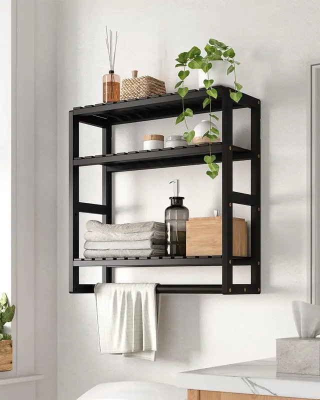 Main image of Over The Toilet Storage Bathroom Shelves Wall Mounted 3 Tier Space Saver Corner Shelf Organizer Bamboo Towel Rack Toilet Paper Cabinet with Hanging Rod Black