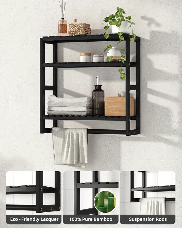 Alt view image 2 of 7 - Over The Toilet Storage Bathroom Shelves Wall Mounted 3 Tier Space Saver Corner Shelf Organizer Bamboo Towel Rack Toilet Paper Cabinet with Hanging Rod Black