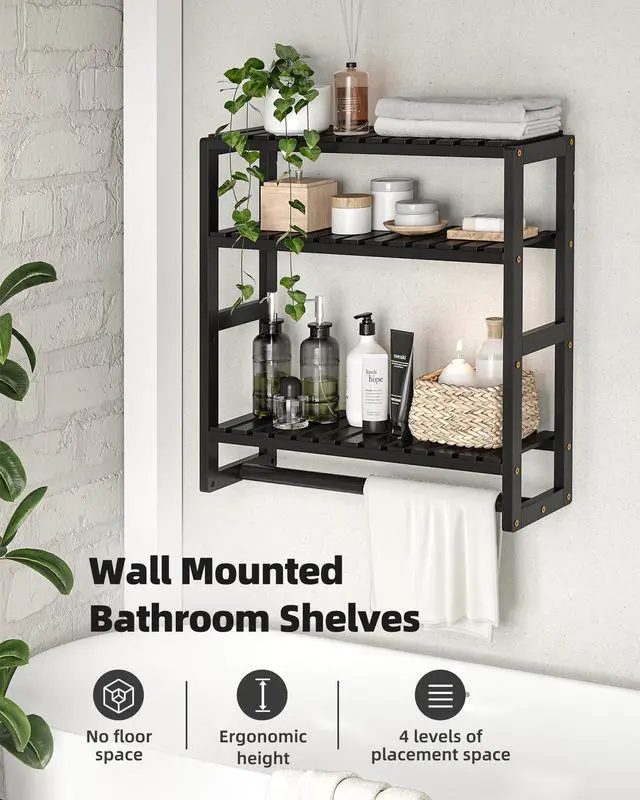 Alt view image 3 of 7 - Over The Toilet Storage Bathroom Shelves Wall Mounted 3 Tier Space Saver Corner Shelf Organizer Bamboo Towel Rack Toilet Paper Cabinet with Hanging Rod Black