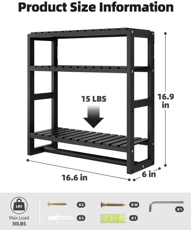 Alt view image 4 of 7 - Over The Toilet Storage Bathroom Shelves Wall Mounted 3 Tier Space Saver Corner Shelf Organizer Bamboo Towel Rack Toilet Paper Cabinet with Hanging Rod Black