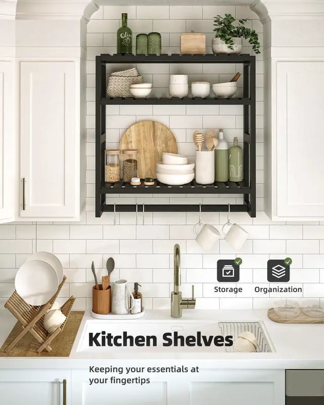 Alt view image 6 of 7 - Over The Toilet Storage Bathroom Shelves Wall Mounted 3 Tier Space Saver Corner Shelf Organizer Bamboo Towel Rack Toilet Paper Cabinet with Hanging Rod Black