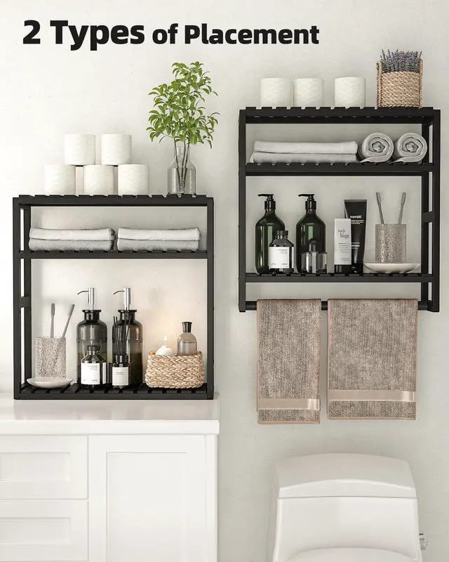 Alt view image 5 of 7 - Over The Toilet Storage Bathroom Shelves Wall Mounted 3 Tier Space Saver Corner Shelf Organizer Bamboo Towel Rack Toilet Paper Cabinet with Hanging Rod Black