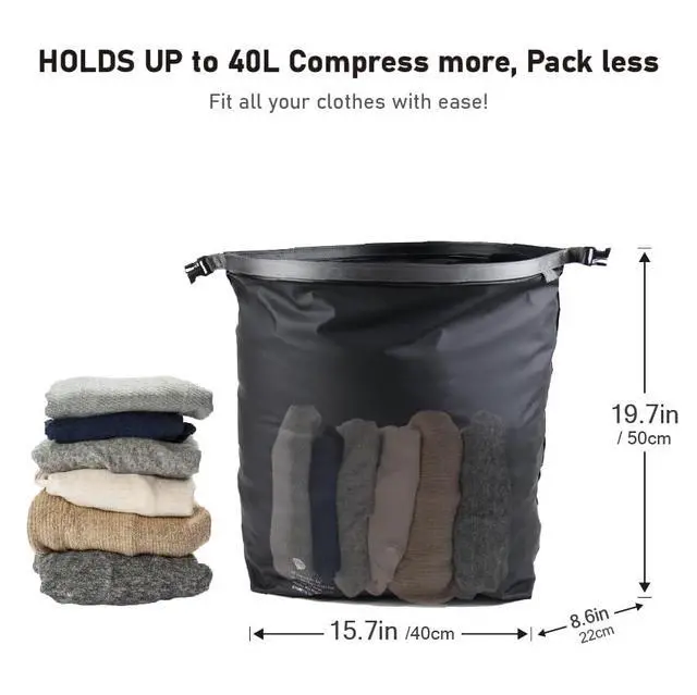 Alt view image 3 of 7 - Vacuum Compression Bags for Travel, 40L Pump-Free Reusable Vacuum Bags, Waterproof Laundry Bag for Backpack and Suitcase, Space Saver Bags for Backpacking
