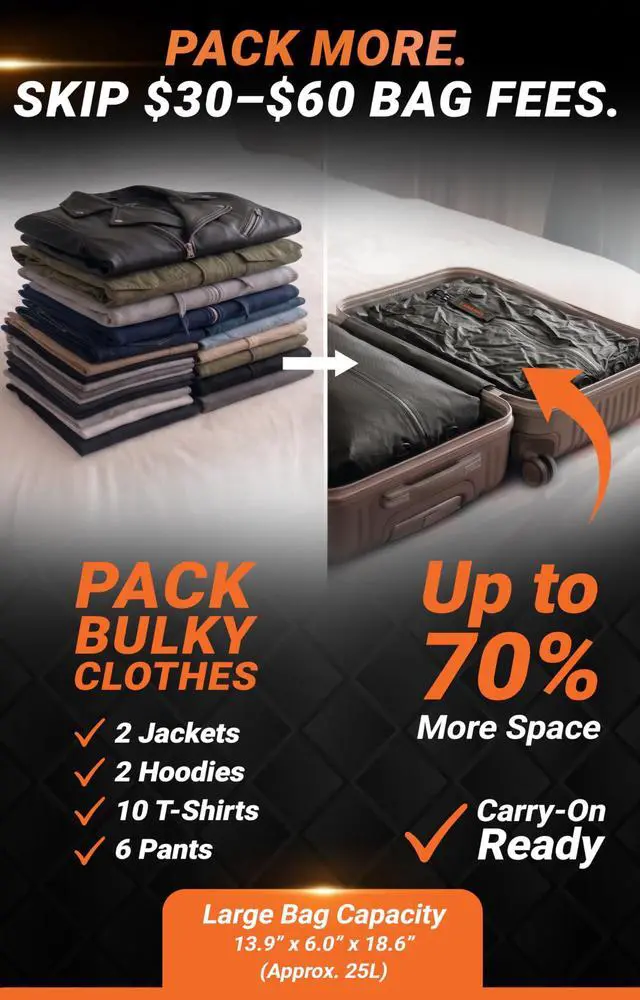 Alt view image 2 of 7 - Vacuum Seal Bags for Clothing Travel - Lifetime Valve Warranty, Waterproof - Travel Vacuum Bags with Pump, Packing Cubes Compression - Pack Smarter, Save Space with Plug-In Power (Large, 1 Count)