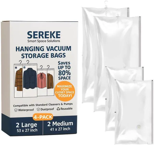Main image of Hanging Vacuum Storage Bags for Clothes, Vacuum Seal Bags for Clothes with 5 Rings Each, Waterproof Compression Bags for Coats, Suits & Jackets, Space Saver Organizer, 4 Pack (41 x 27 in & 53 x 27 in)