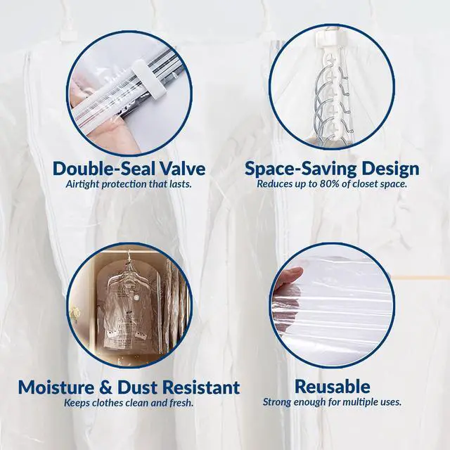 Alt view image 3 of 7 - Hanging Vacuum Storage Bags for Clothes, Vacuum Seal Bags for Clothes with 5 Rings Each, Waterproof Compression Bags for Coats, Suits & Jackets, Space Saver Organizer, 4 Pack (41 x 27 in & 53 x 27 in)