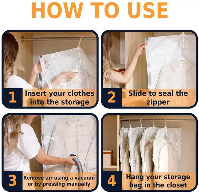 Alt view image 6 of 7 - Hanging Vacuum Storage Bags for Clothes, Vacuum Seal Bags for Clothes with 5 Rings Each, Waterproof Compression Bags for Coats, Suits & Jackets, Space Saver Organizer, 4 Pack (41 x 27 in & 53 x 27 in)