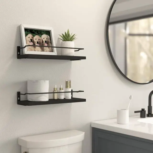 Alt view image 2 of 7 - Bathroom Shelves, Black Floating Wall Shelf Organizer Over Toilet Storage with 2 Shelves
