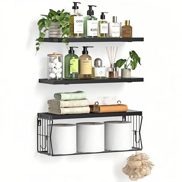 Main image of Floating Bathroom Shelves Wall Mounted - Wooden Shelf Set of 3 for Over Toilet Storage & Modern Bathroom Decor - Perfect Wall Shelving Organizer for Apartments RVs Powder Rooms Restroom - Black