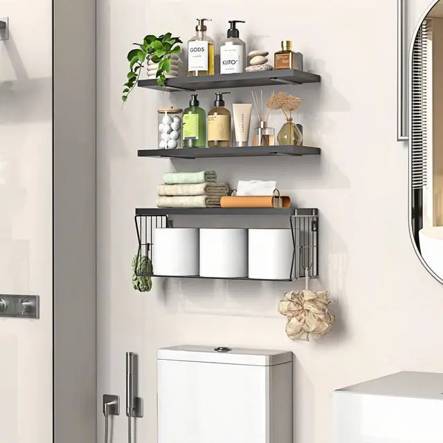 Alt view image 2 of 6 - Floating Bathroom Shelves Wall Mounted - Wooden Shelf Set of 3 for Over Toilet Storage & Modern Bathroom Decor - Perfect Wall Shelving Organizer for Apartments RVs Powder Rooms Restroom - Black