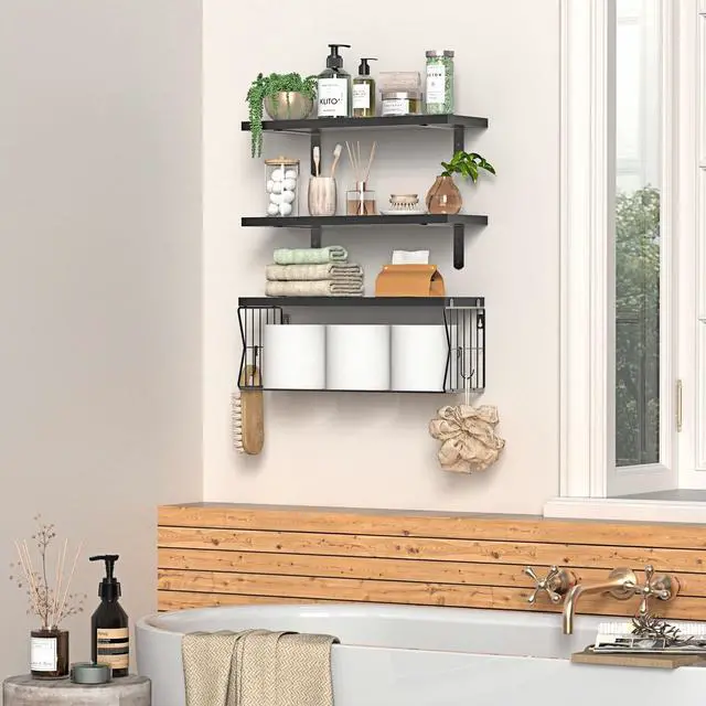 Alt view image 3 of 6 - Floating Bathroom Shelves Wall Mounted - Wooden Shelf Set of 3 for Over Toilet Storage & Modern Bathroom Decor - Perfect Wall Shelving Organizer for Apartments RVs Powder Rooms Restroom - Black