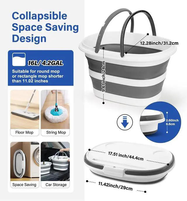 Alt view image 2 of 7 - Collapsible Bucket, Upgraded 16L (4.2 Gallon) Collapsible Mop Bucket with Multi-Functional Lid, Foldable Portable Bucket Camping Beach Sand Pool Boat Fishing-Water Pot Pail-Space Saving Square