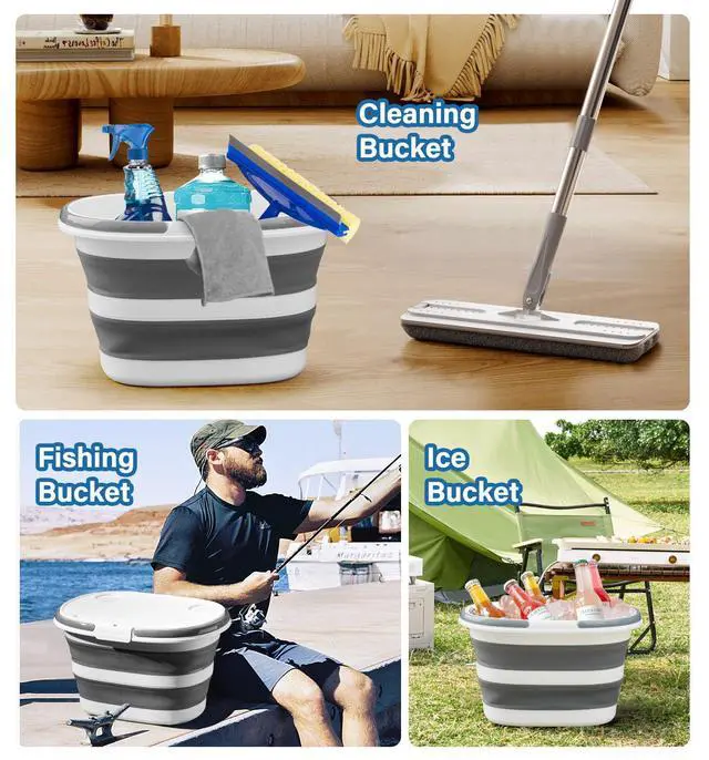 Alt view image 7 of 7 - Collapsible Bucket, Upgraded 16L (4.2 Gallon) Collapsible Mop Bucket with Multi-Functional Lid, Foldable Portable Bucket Camping Beach Sand Pool Boat Fishing-Water Pot Pail-Space Saving Square
