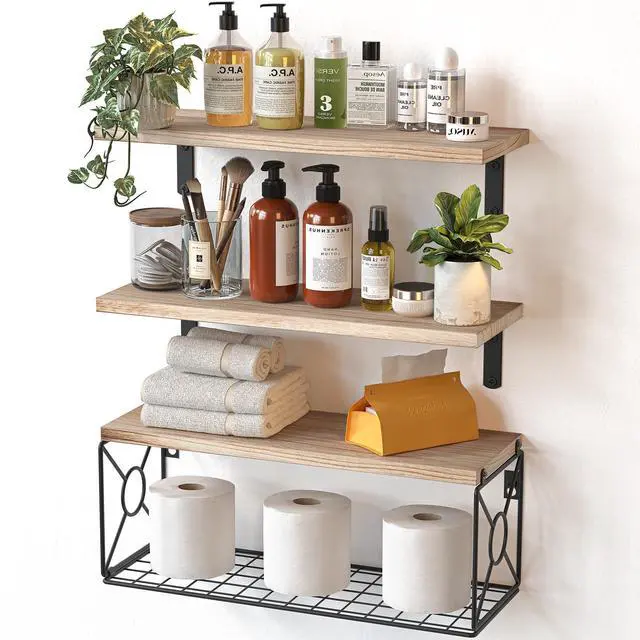 Main image of Bathroom Shelves Over Toilet with Storage Basket, Floating Wall Shelf for Home Organization & Wall Decor, Bathroom/Kitchen/Living Room ShelvesNatural Wood