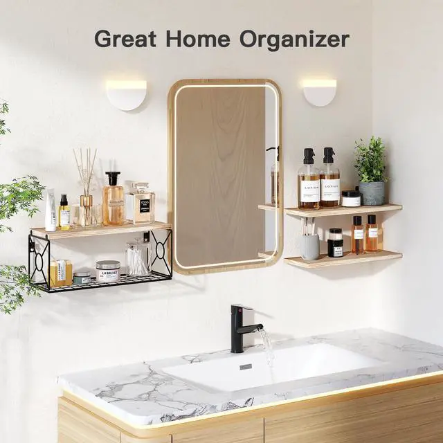 Alt view image 7 of 7 - Bathroom Shelves Over Toilet with Storage Basket, Floating Wall Shelf for Home Organization & Wall Decor, Bathroom/Kitchen/Living Room ShelvesNatural Wood