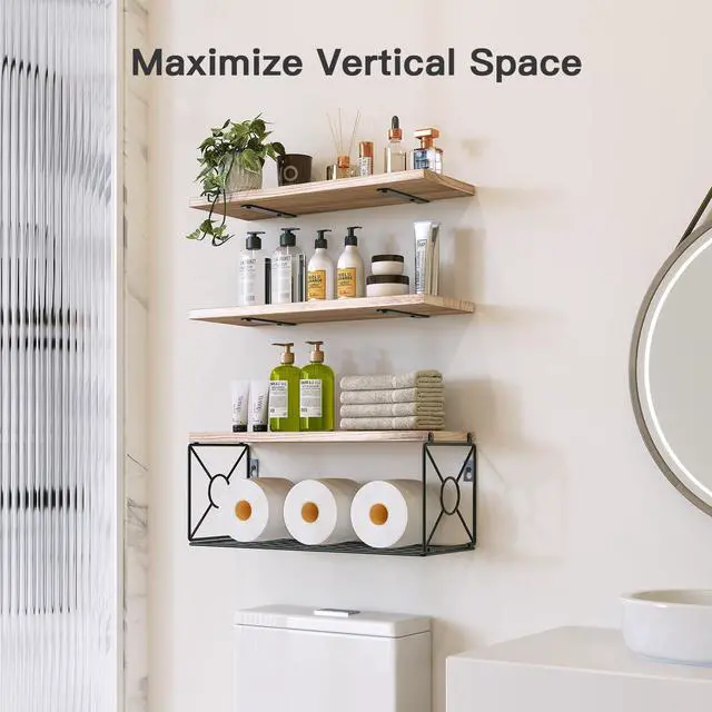 Alt view image 2 of 7 - Bathroom Shelves Over Toilet with Storage Basket, Floating Wall Shelf for Home Organization & Wall Decor, Bathroom/Kitchen/Living Room ShelvesNatural Wood