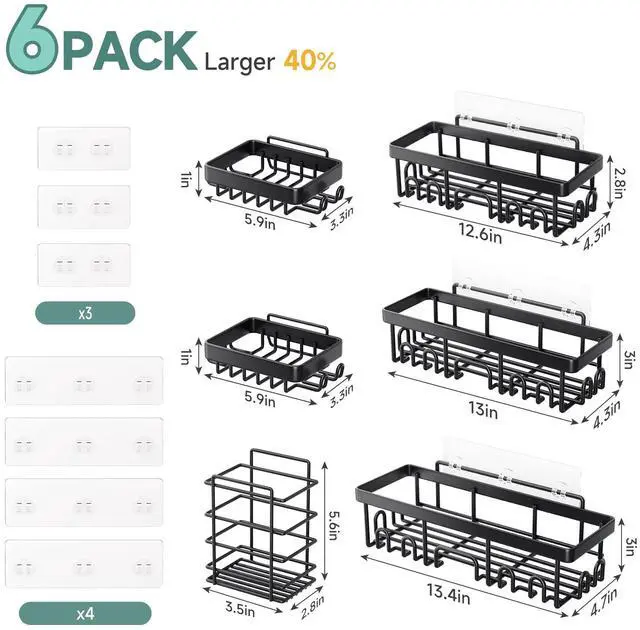 Alt view image 7 of 7 - Shower Caddy 6-Pack, Advanced Rustproof Design, No Drilling Adhesive Shelves, Rack with Soap Holder, Large Capacity Bathroom Organizers and Storage, Wall-Mounted Kitchen & Home Decor