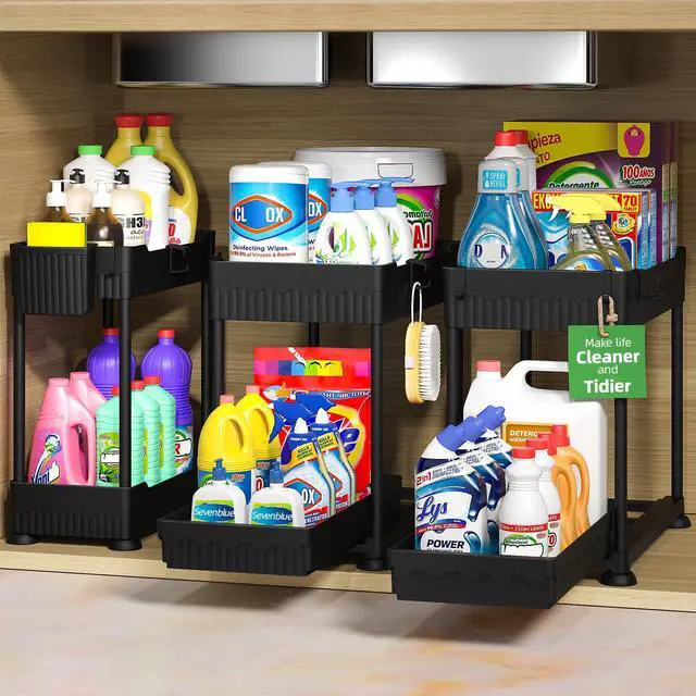 Main image of 3 Pack Under Sink Organizers,2-Tier Multi-Use Kitchen and Bathroom Organizers and Storage with Sliding Drawers,Bathroom Cabinet Organizer (Black, 12.8 Inch)
