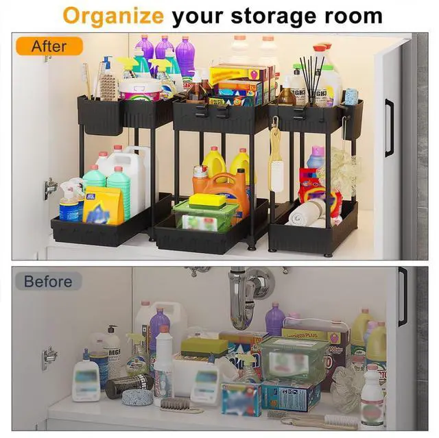 Alt view image 3 of 6 - 3 Pack Under Sink Organizers,2-Tier Multi-Use Kitchen and Bathroom Organizers and Storage with Sliding Drawers,Bathroom Cabinet Organizer (Black, 12.8 Inch)
