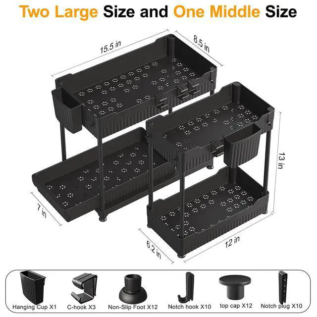 Alt view image 4 of 6 - 3 Pack Under Sink Organizers,2-Tier Multi-Use Kitchen and Bathroom Organizers and Storage with Sliding Drawers,Bathroom Cabinet Organizer (Black, 12.8 Inch)