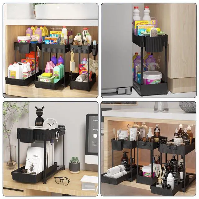 Alt view image 6 of 6 - 3 Pack Under Sink Organizers,2-Tier Multi-Use Kitchen and Bathroom Organizers and Storage with Sliding Drawers,Bathroom Cabinet Organizer (Black, 12.8 Inch)