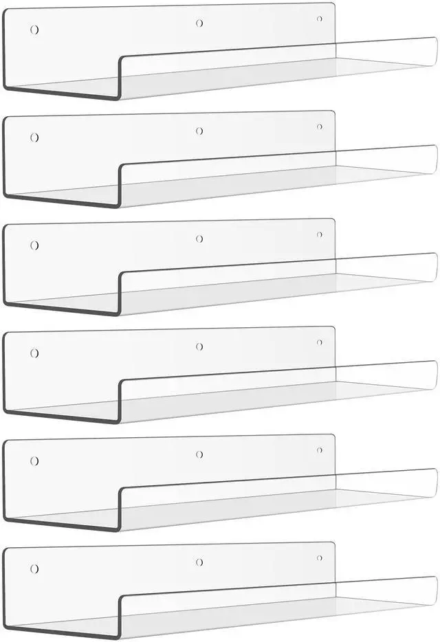 Main image of 6 Pack Acrylic Shelves for Wall Storage, 15" x 4 Floating Bookshelves for Kids, Display Shelf Organizer for Bathroom, Bedroom, Living Room, Kitchen, Room Decor, Clear