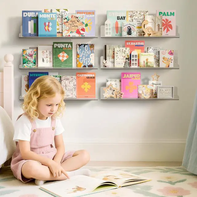 Alt view image 3 of 7 - 6 Pack Acrylic Shelves for Wall Storage, 15" x 4 Floating Bookshelves for Kids, Display Shelf Organizer for Bathroom, Bedroom, Living Room, Kitchen, Room Decor, Clear