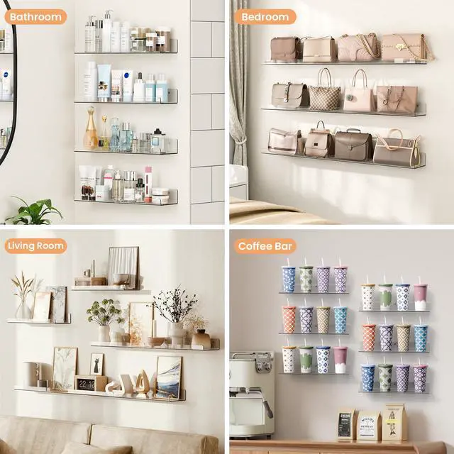 Alt view image 5 of 7 - 6 Pack Acrylic Shelves for Wall Storage, 15" x 4 Floating Bookshelves for Kids, Display Shelf Organizer for Bathroom, Bedroom, Living Room, Kitchen, Room Decor, Clear