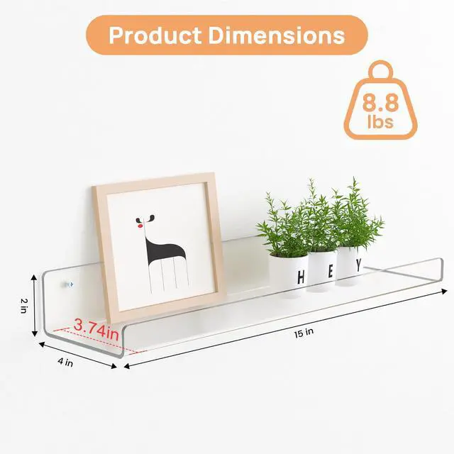 Alt view image 6 of 7 - 6 Pack Acrylic Shelves for Wall Storage, 15" x 4 Floating Bookshelves for Kids, Display Shelf Organizer for Bathroom, Bedroom, Living Room, Kitchen, Room Decor, Clear