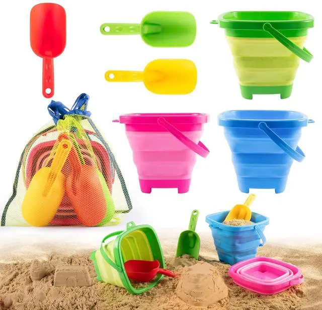 Main image of Collapsible Beach Toys for Kids & Toddlers, 3 Pack Foldable Silicone Sand Buckets with 3 Shovels & Mesh Storage Bag, Portable Water Pail for Easter Egg Hunt, Camping, Travel