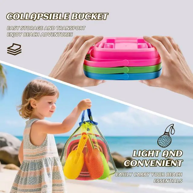 Alt view image 2 of 7 - Collapsible Beach Toys for Kids & Toddlers, 3 Pack Foldable Silicone Sand Buckets with 3 Shovels & Mesh Storage Bag, Portable Water Pail for Easter Egg Hunt, Camping, Travel