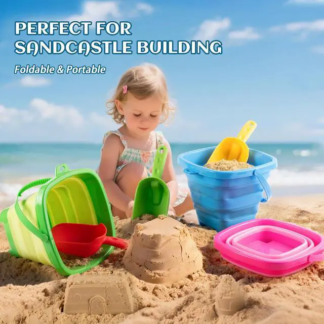 Alt view image 3 of 7 - Collapsible Beach Toys for Kids & Toddlers, 3 Pack Foldable Silicone Sand Buckets with 3 Shovels & Mesh Storage Bag, Portable Water Pail for Easter Egg Hunt, Camping, Travel