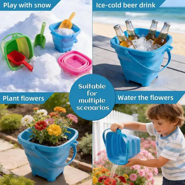 Alt view image 5 of 7 - Collapsible Beach Toys for Kids & Toddlers, 3 Pack Foldable Silicone Sand Buckets with 3 Shovels & Mesh Storage Bag, Portable Water Pail for Easter Egg Hunt, Camping, Travel