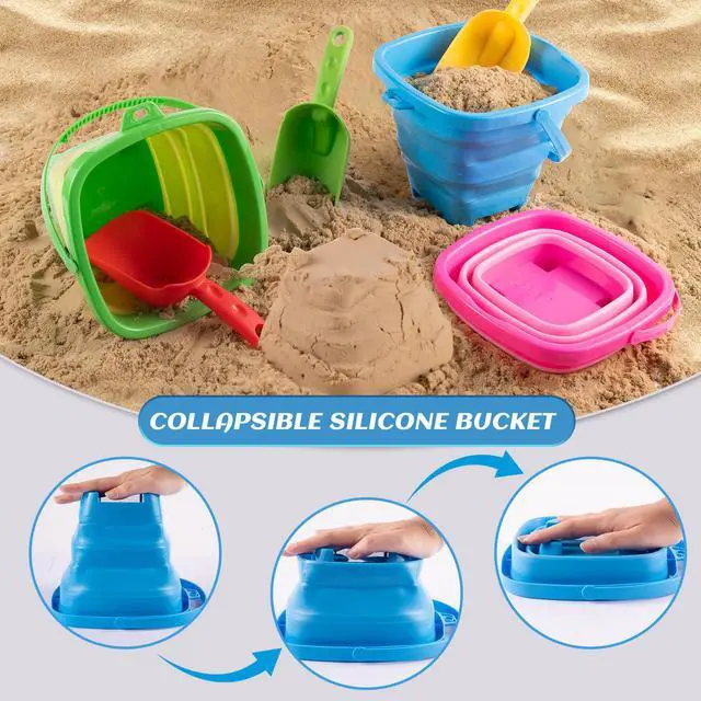 Alt view image 6 of 7 - Collapsible Beach Toys for Kids & Toddlers, 3 Pack Foldable Silicone Sand Buckets with 3 Shovels & Mesh Storage Bag, Portable Water Pail for Easter Egg Hunt, Camping, Travel
