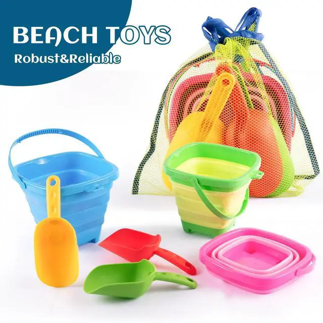 Alt view image 7 of 7 - Collapsible Beach Toys for Kids & Toddlers, 3 Pack Foldable Silicone Sand Buckets with 3 Shovels & Mesh Storage Bag, Portable Water Pail for Easter Egg Hunt, Camping, Travel