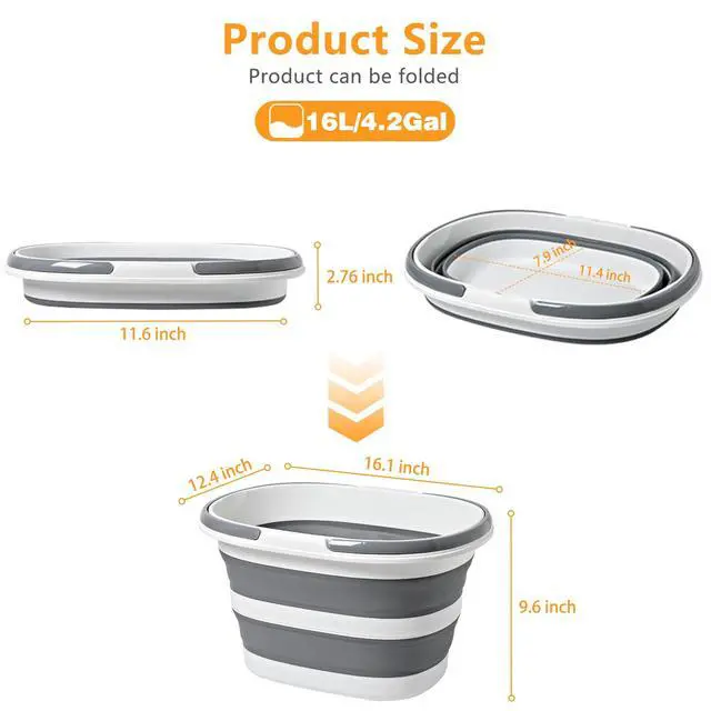 Alt view image 2 of 5 - Large Collapsible Bucket 4.2 Gallon (16L) for House Cleaning, Camping, and More - Space Saving, Multiuse Water Bucket for Cleaning Mop - Lightweight and Portable (Grey-1)