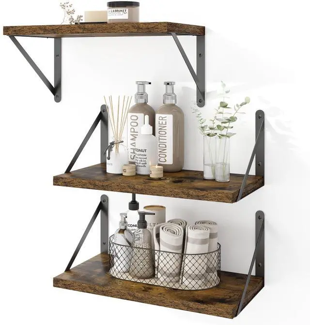Main image of Floating Shelves for Wall Set of 3,Light Wood Wall Mounted Bookshelf Decorative Shelf for Living Room Bathroom Bedroom Kitchen Laundry Pictures Plants Books Cats TV,Rustic Brown