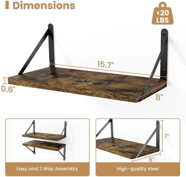 Alt view image 2 of 7 - Floating Shelves for Wall Set of 3,Light Wood Wall Mounted Bookshelf Decorative Shelf for Living Room Bathroom Bedroom Kitchen Laundry Pictures Plants Books Cats TV,Rustic Brown