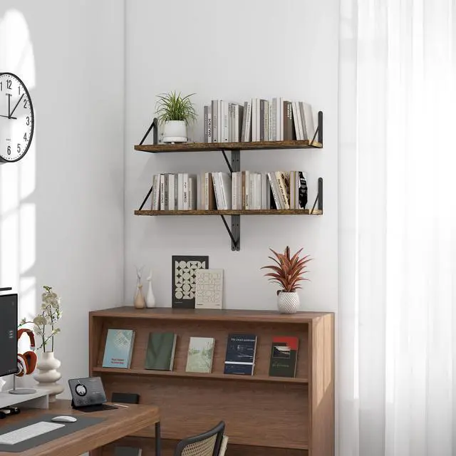 Alt view image 3 of 7 - Floating Shelves for Wall Set of 3,Light Wood Wall Mounted Bookshelf Decorative Shelf for Living Room Bathroom Bedroom Kitchen Laundry Pictures Plants Books Cats TV,Rustic Brown