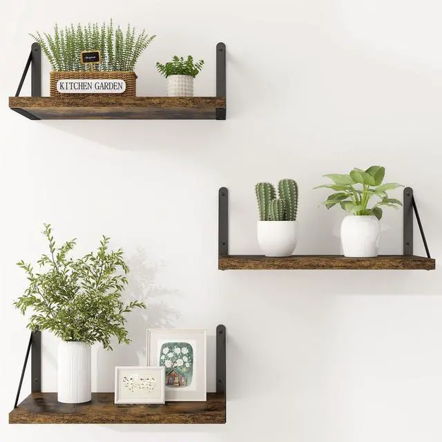 Alt view image 4 of 7 - Floating Shelves for Wall Set of 3,Light Wood Wall Mounted Bookshelf Decorative Shelf for Living Room Bathroom Bedroom Kitchen Laundry Pictures Plants Books Cats TV,Rustic Brown
