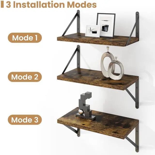 Alt view image 5 of 7 - Floating Shelves for Wall Set of 3,Light Wood Wall Mounted Bookshelf Decorative Shelf for Living Room Bathroom Bedroom Kitchen Laundry Pictures Plants Books Cats TV,Rustic Brown